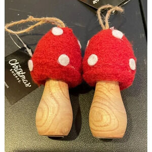 Red White Polka Dot Felt Wood Mushroom Toadstool Ornaments Christmas Set Of 2 #2